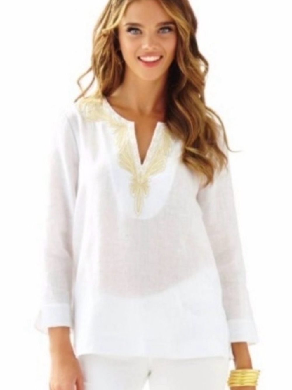 Lilly Pulitzer 100% Linen Amelia Island Resort White/Gold Tunic Top Large